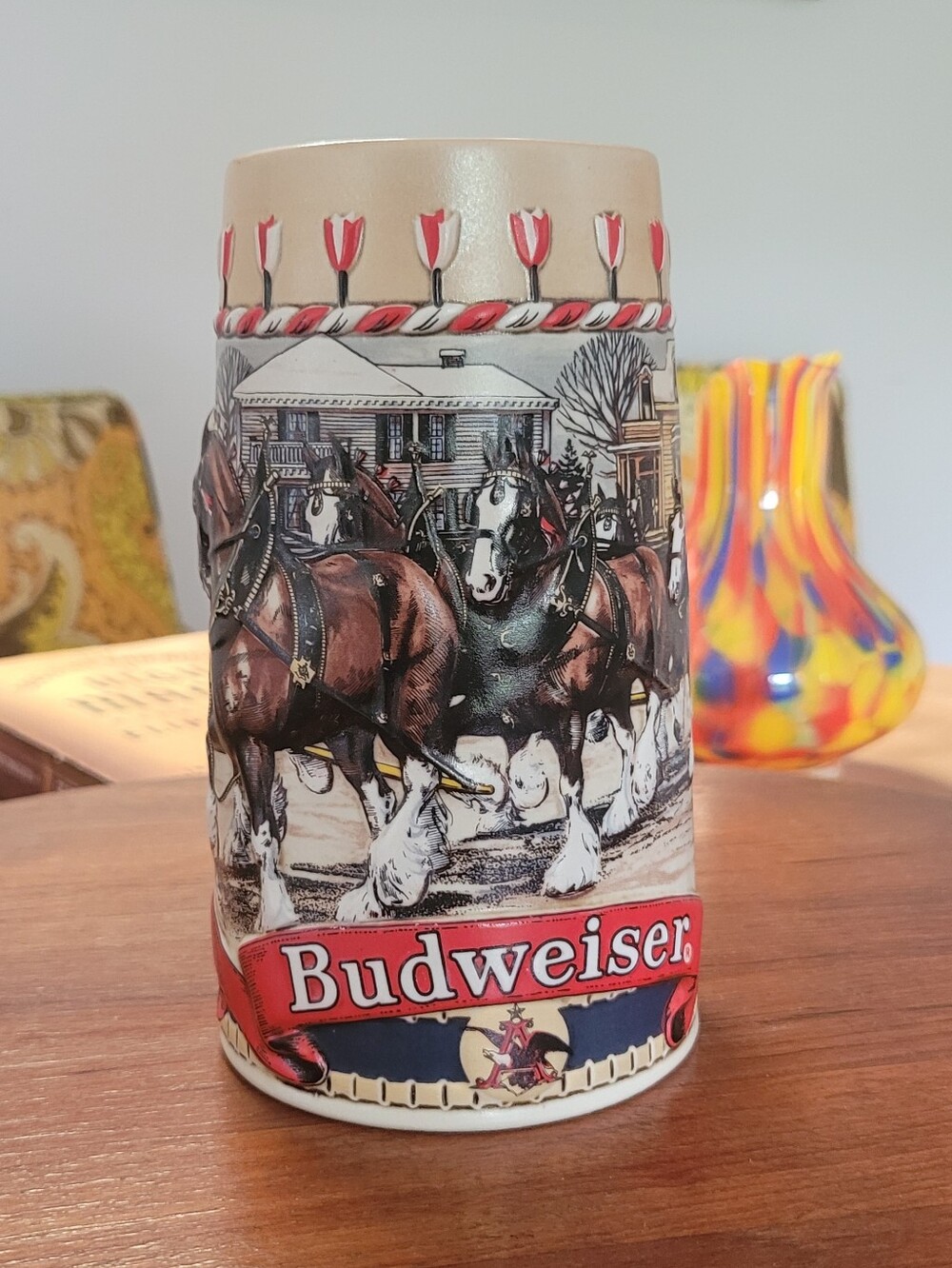 1980's Budweiser Clydesdale Ceramic Stein - Red, Brown, White